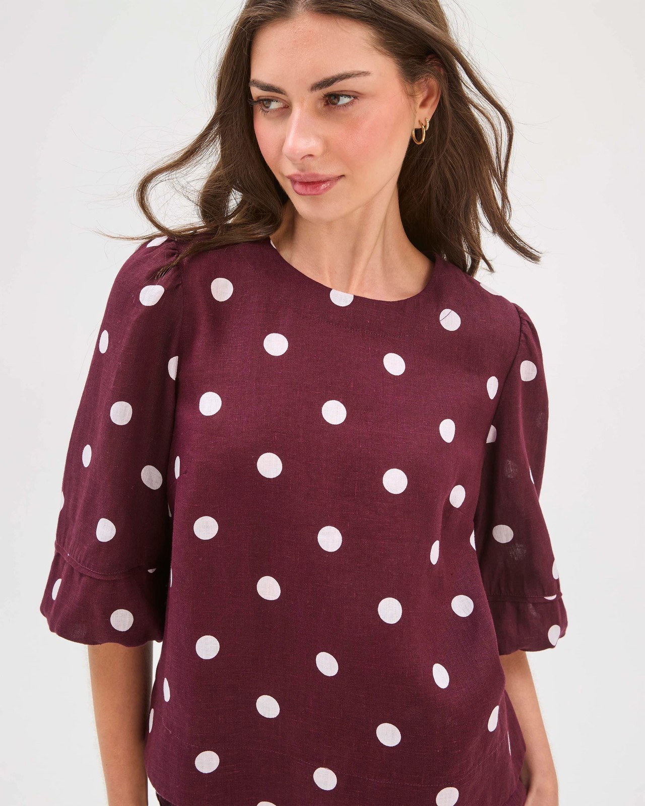 Petites European Linen 3/4 Sleeve Trim Detail Blouse - Merlot 3 of 6