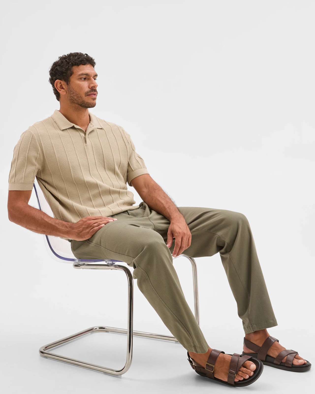 Australian Cotton Pleated Textured Chino Pants - Army 3 of 5