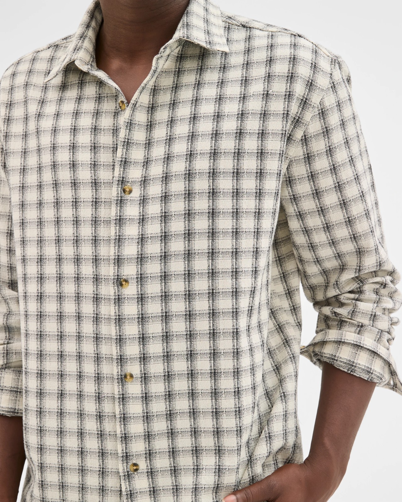 Commons Australian Cotton Boxy Fit Long Sleeve Textured Shirt - Ecru Check 4 of 6