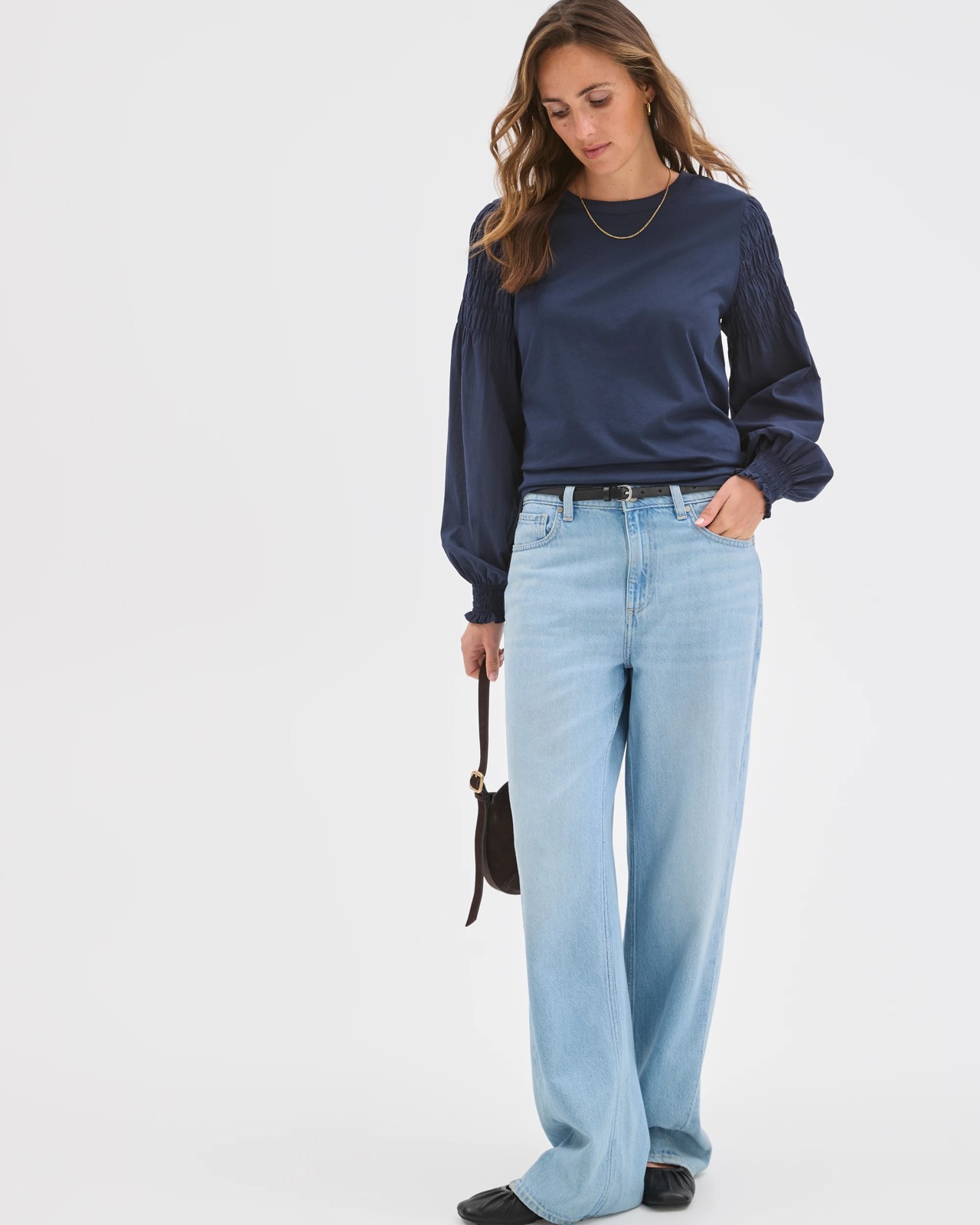 Australian Cotton Long Sleeve Shirred Sleeve Top - Ink Navy 2 of 6