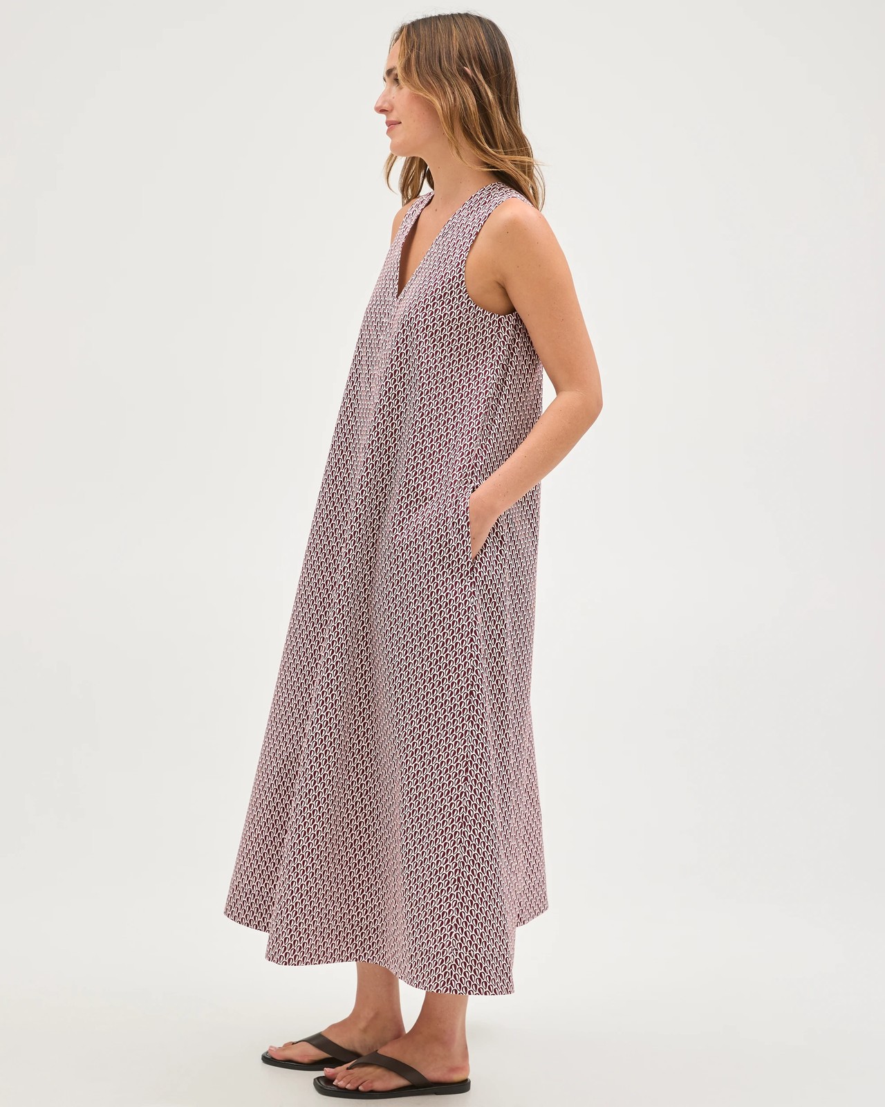 Preview Australian Cotton Sleeveless Sateen Maxi Dress - Sangria Geo 5 of 6