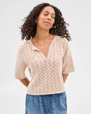 Australian Cotton Crochet Tie Neck Top