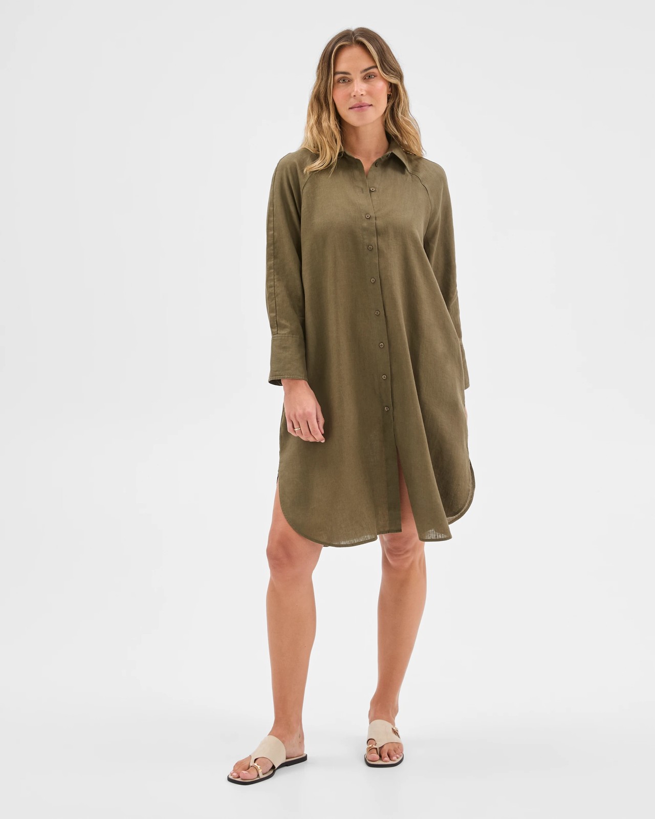 European Linen 3/4 Sleeve Midi Shirt Dress - Dusty Moss 2 of 6