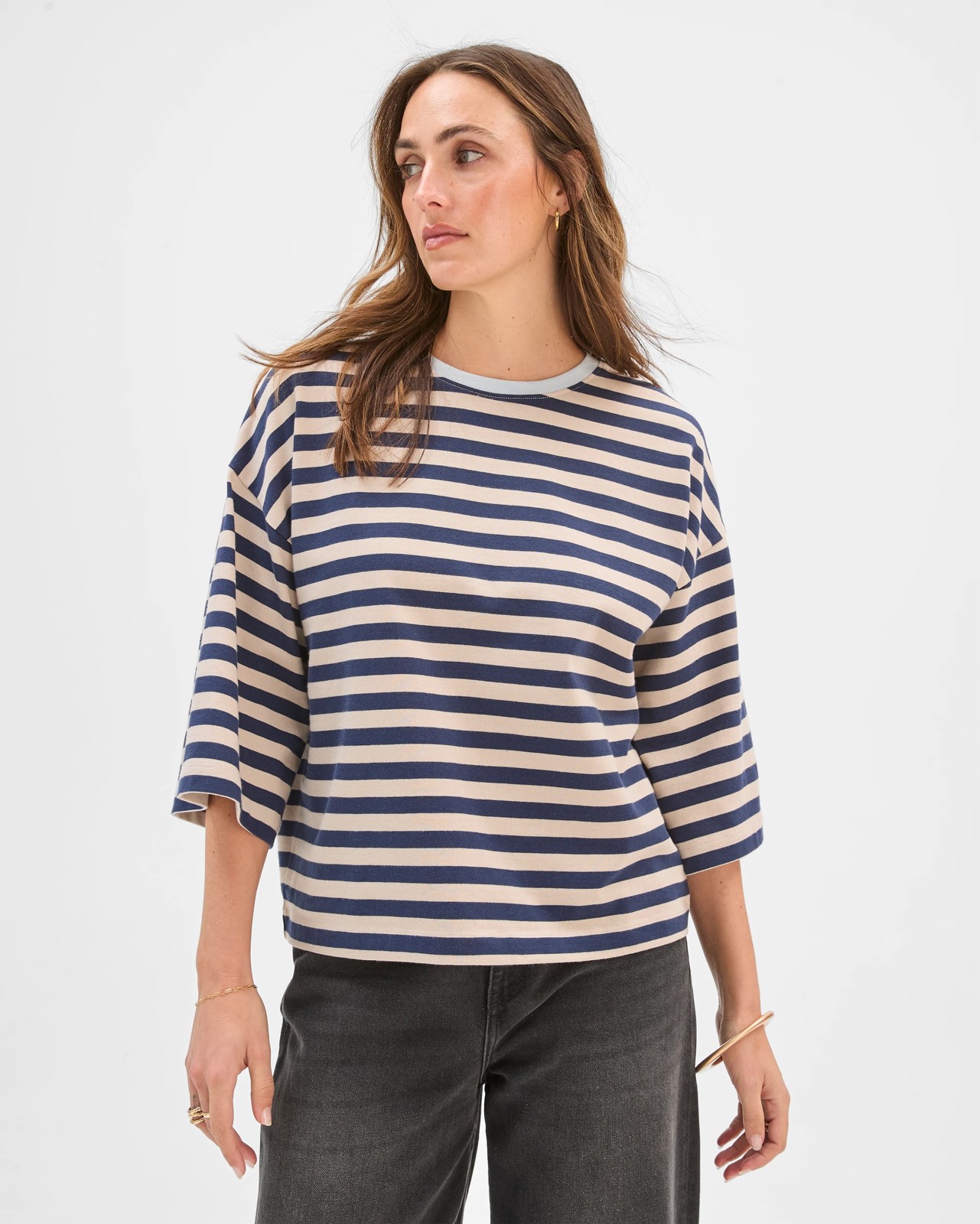 Australian Cotton 3/4 Length Wide Sleeve Boxy T-Shirt - Navy / Birch 5 of 5