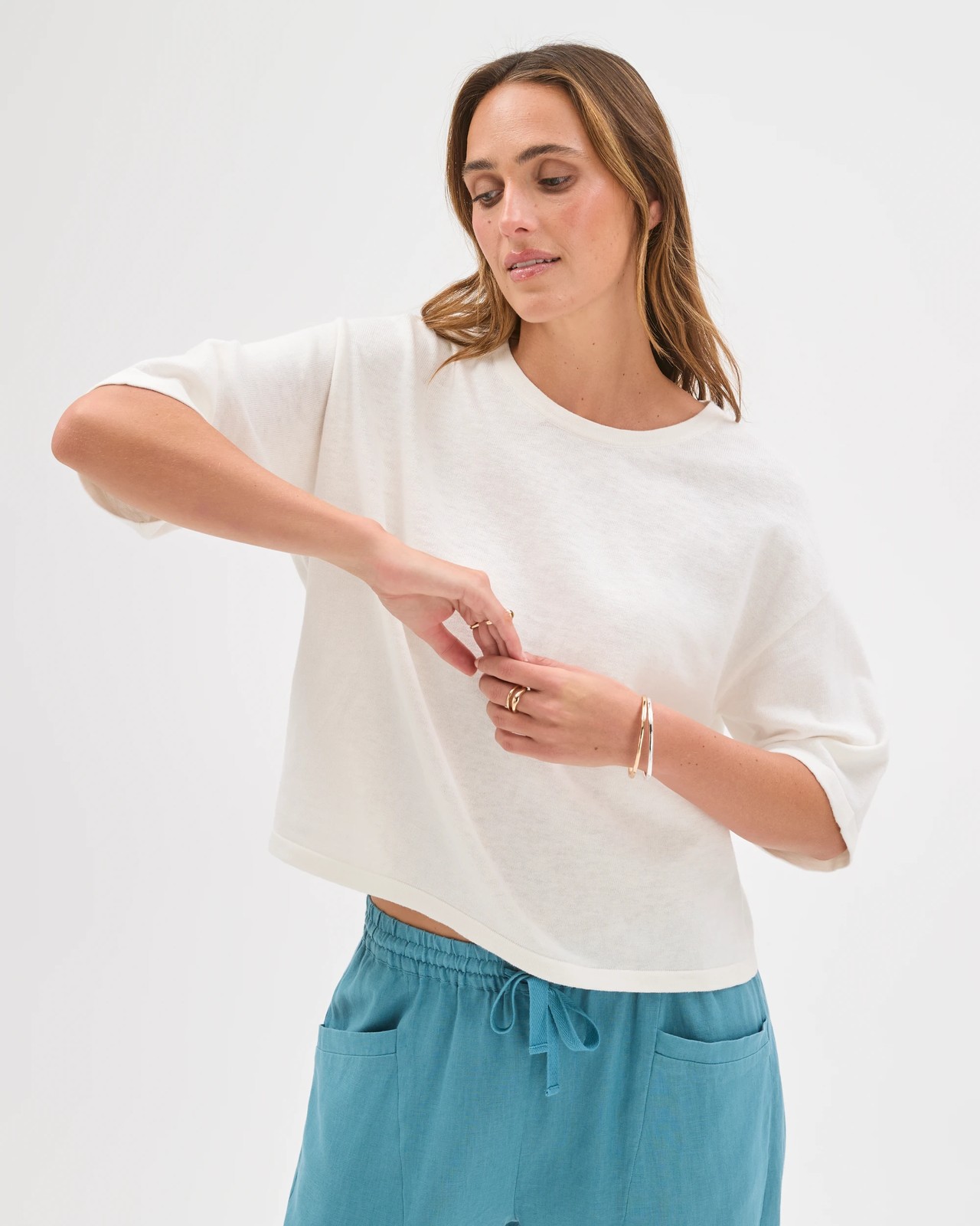 Australian Cotton Blend Drop Shoulder Boxy Knit T-Shirt - Cloud Dancer 3 of 5