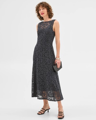 Sleeveless Boat Neck Lace Midi Dress