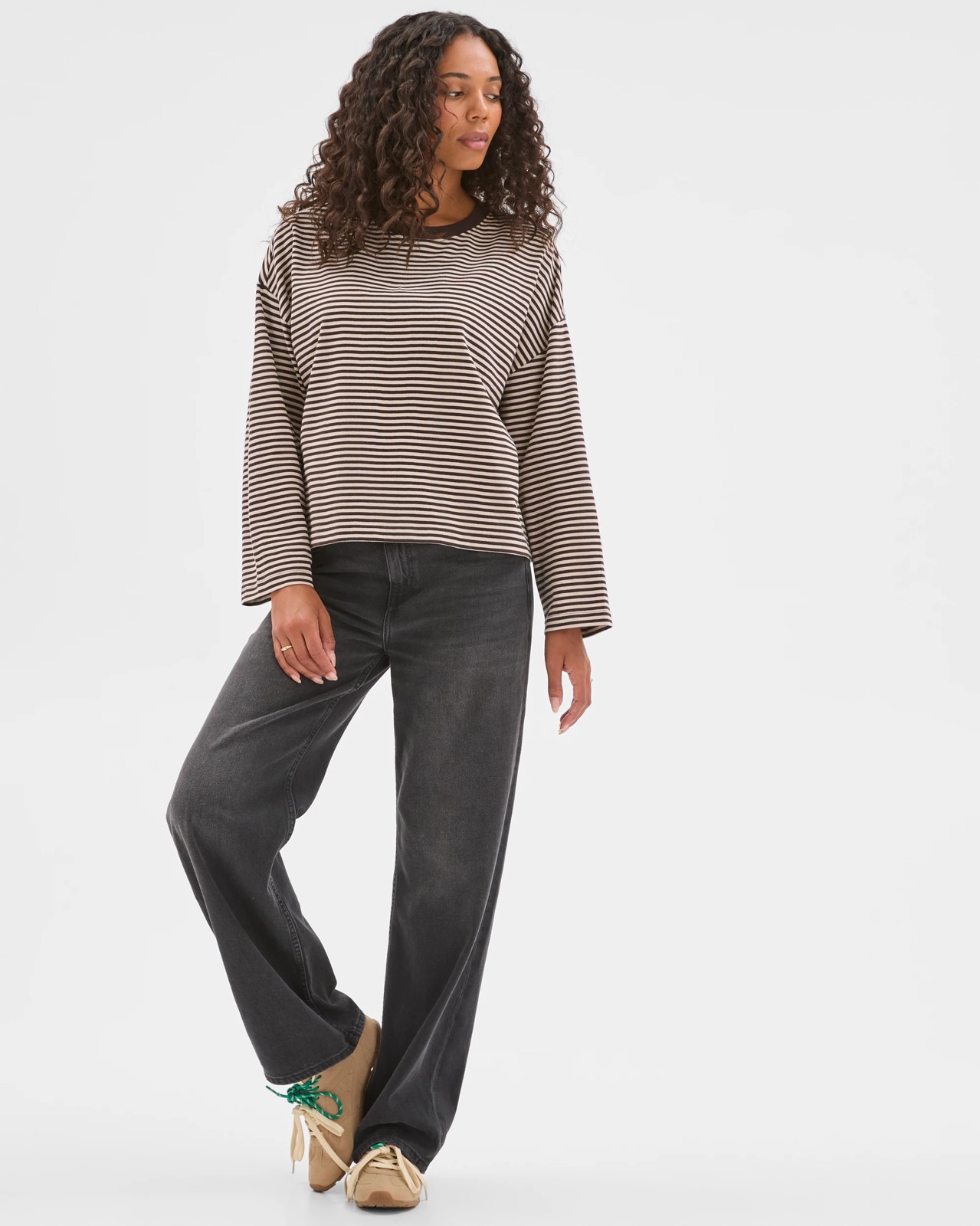 Australian Cotton Long Sleeve Heavyweight Oversized T-Shirt - Brunette/Birch Stripe 3 of 5