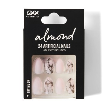 24 Pack Artificial Nails with Adhesive, Almond Shape, Pink Marble - OXX Cosmetics
