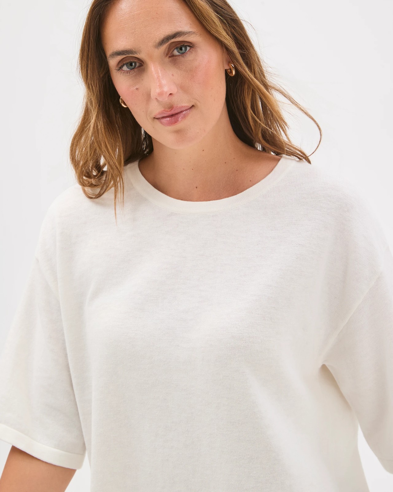 Australian Cotton Blend Drop Shoulder Boxy Knit T-Shirt - Cloud Dancer 5 of 5