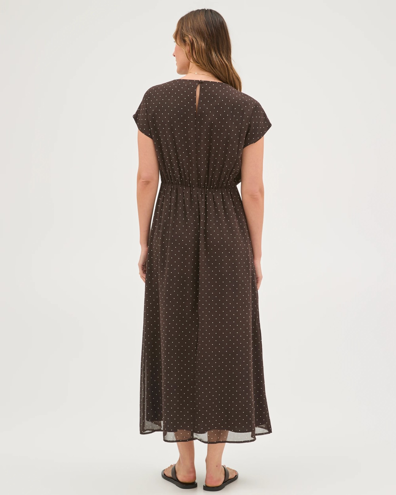 Preview Sheer Drape Front Midi Dress - Coffee Bean Spot 6 of 6