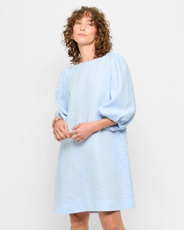 European Linen Puff Sleeve Mini Dress