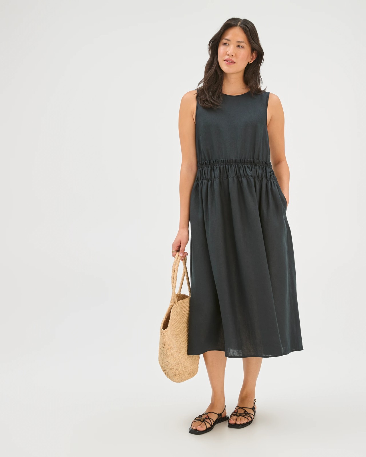 European Linen Sleeveless Waisted Midi Dress - Black 5 of 5