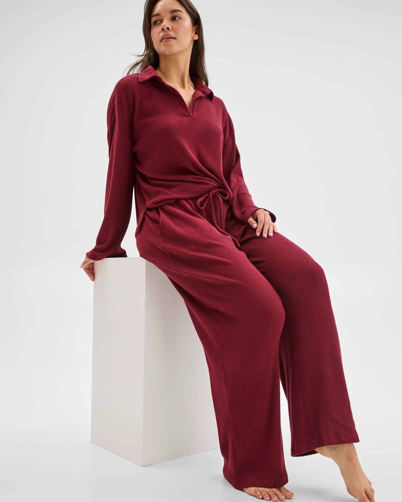 Cosy Rib Wide Leg Pants - Burgundy 4 of 6