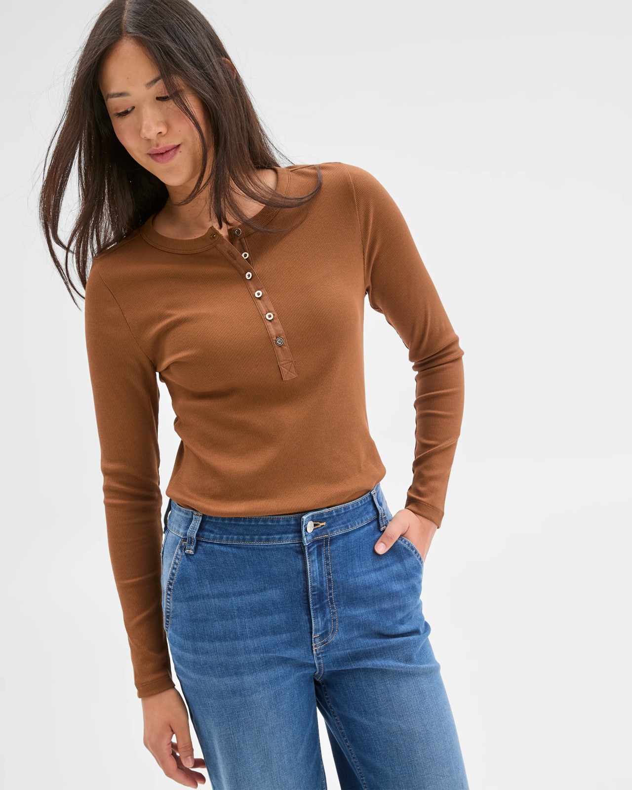 Australian Cotton Long Sleeve Rib Henley T-Shirt - Coconut Shell 4 of 5