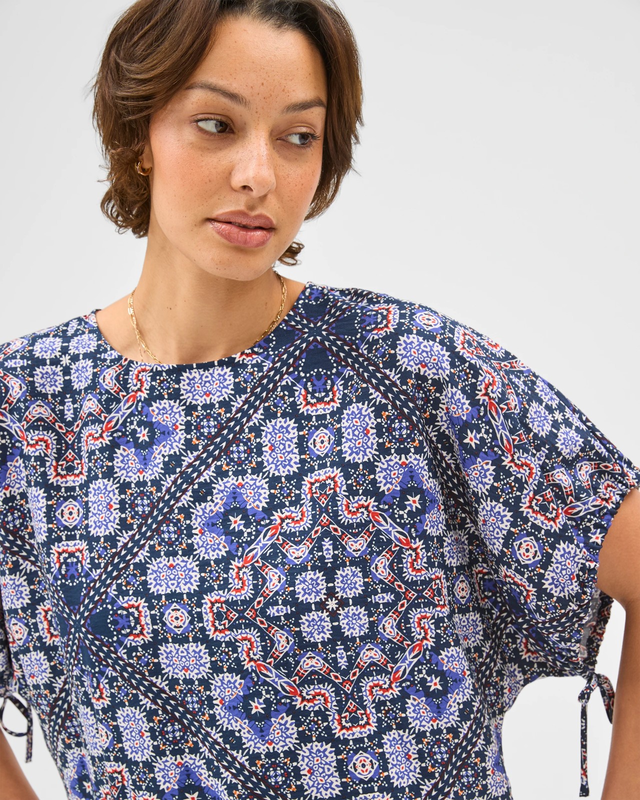 Short Sleeve Tie Detail Blouse - Tile Print 3 of 6
