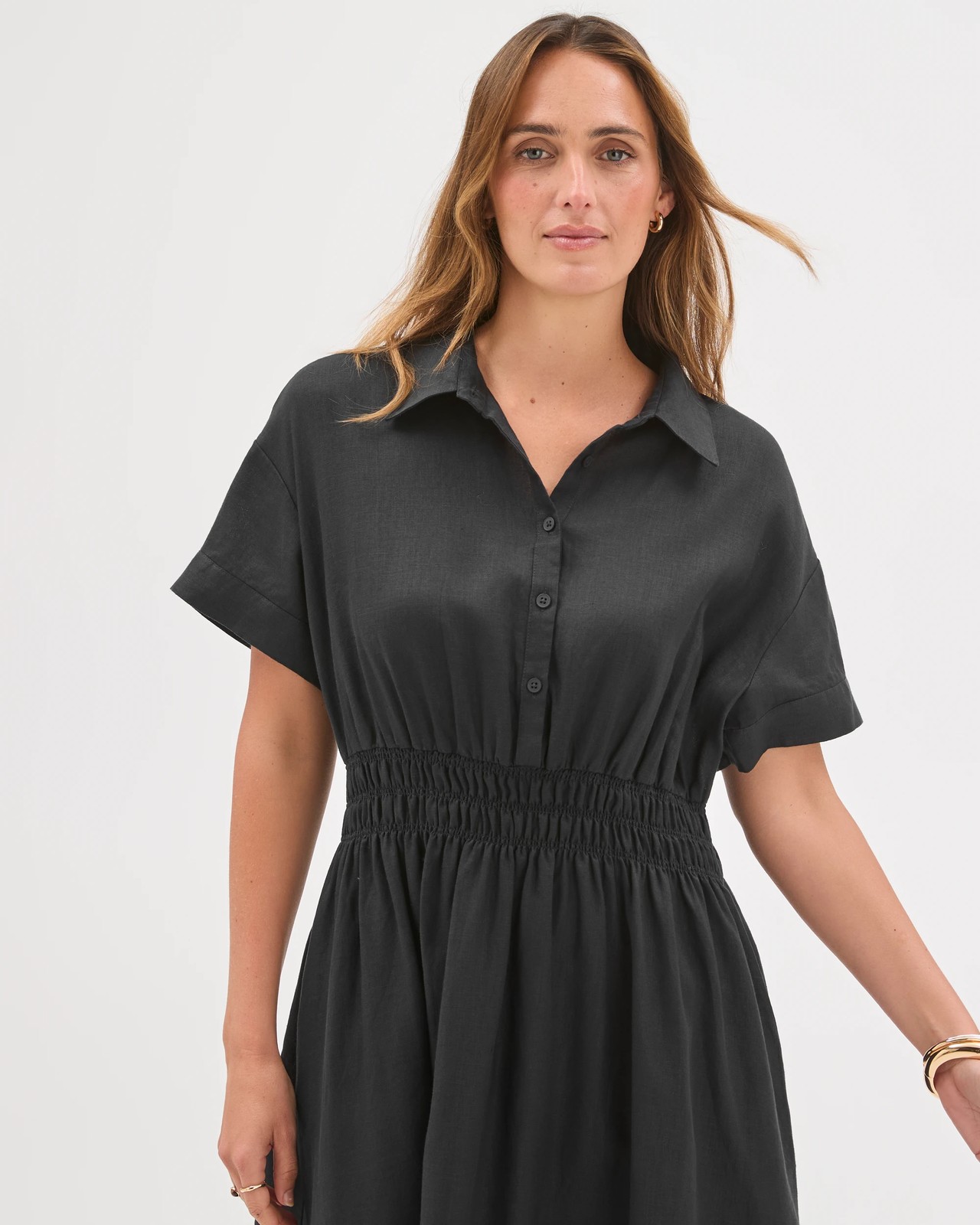 European Linen Shirred Waist Midi Dress - Black 2 of 6