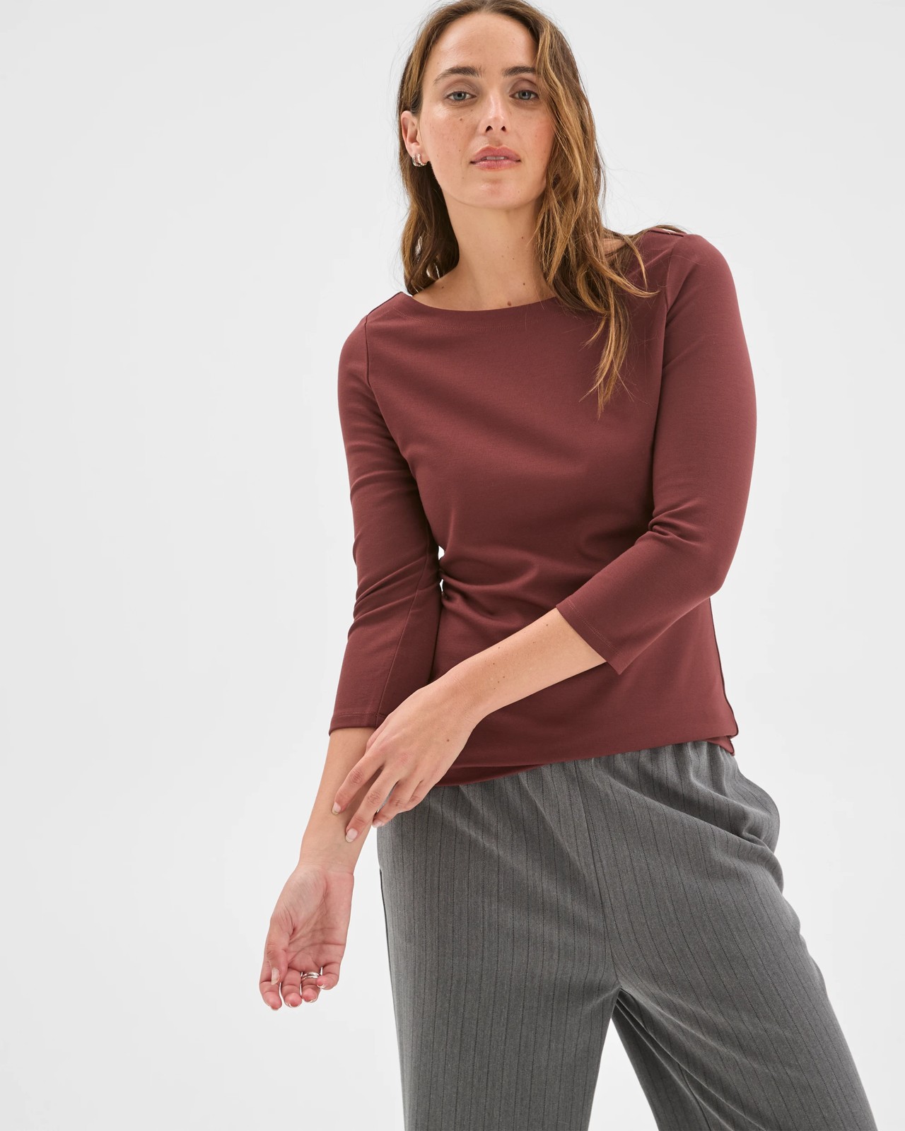 Preview 3/4 Sleeve Boat Neck Ponte T-Shirt - Dark Chocolate 3 of 5