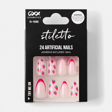 24 Pack Artificial Nails with Adhesive, Stiletto Shape, Strawberry Glaze - OXX Cosmetics