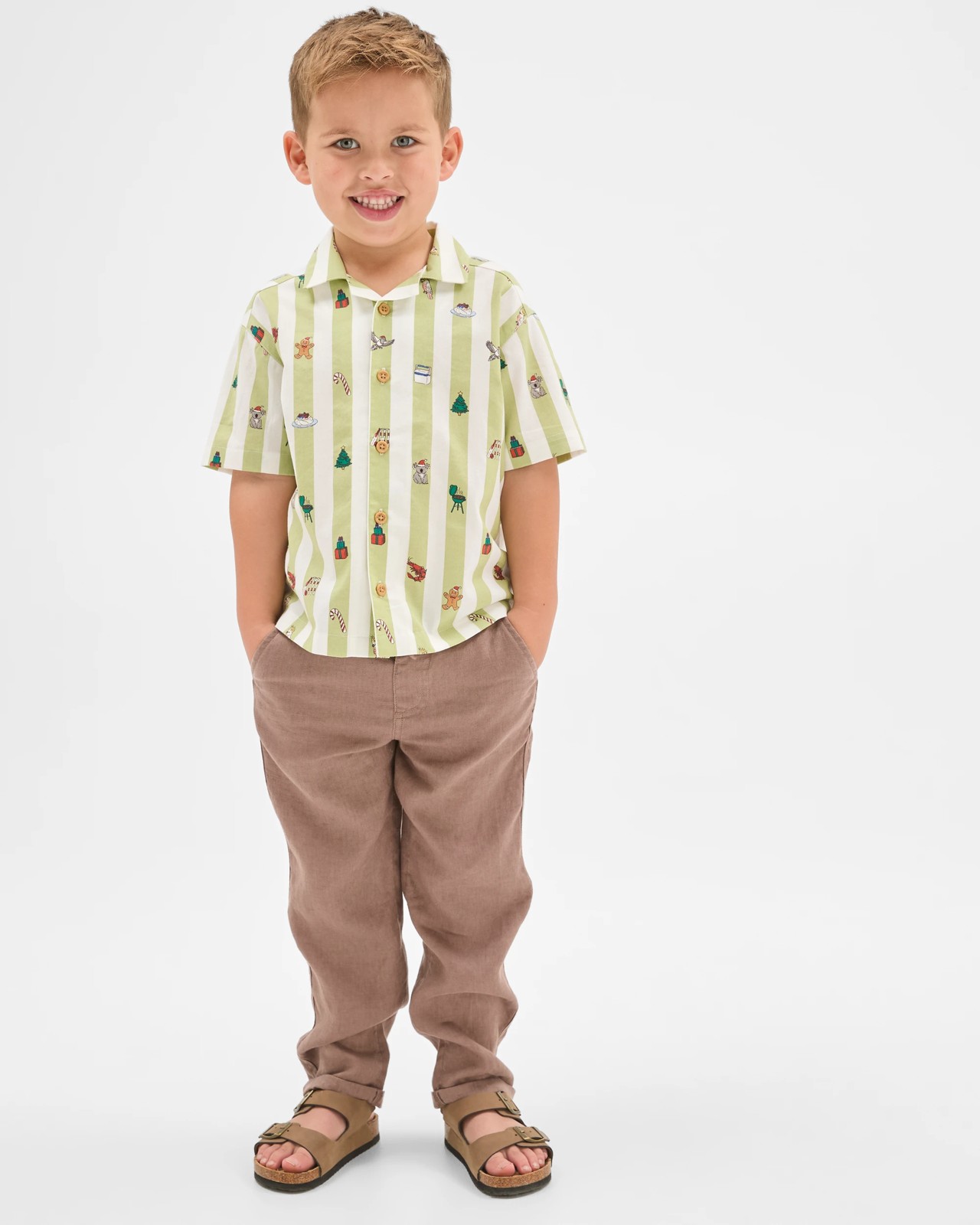 Cotton Short Sleeve Christmas Shirt - Green Stripe 2 of 5