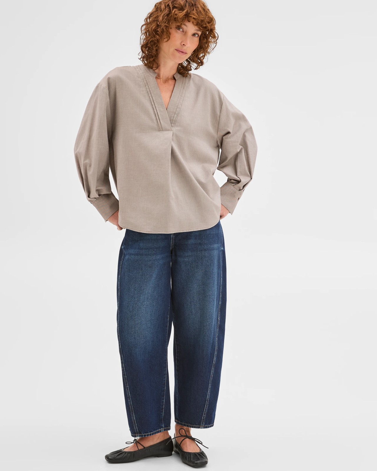 Australian Cotton Tuck Detail Popover Top - Taupe 2 of 6