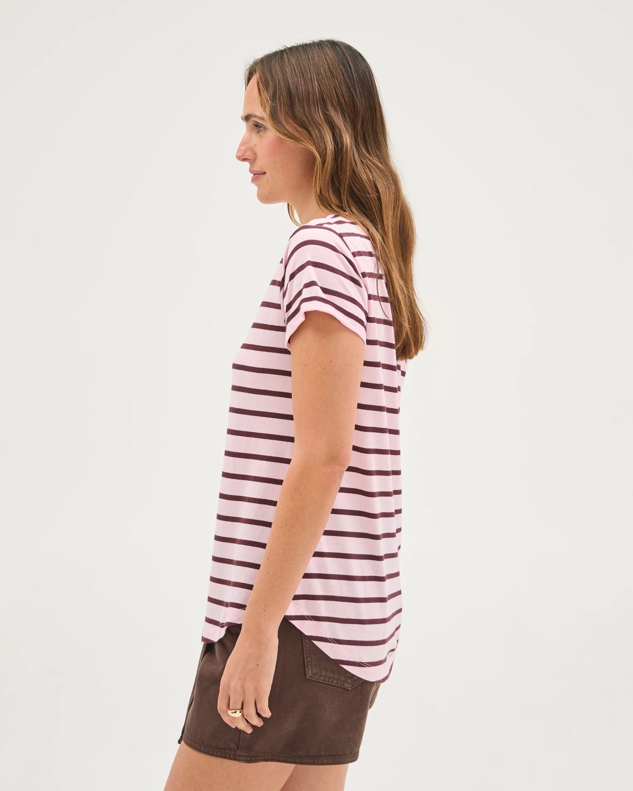 Relaxed Fit Crew Neck T-Shirt - Pink Rose/Merlot Stripe 6 of 6