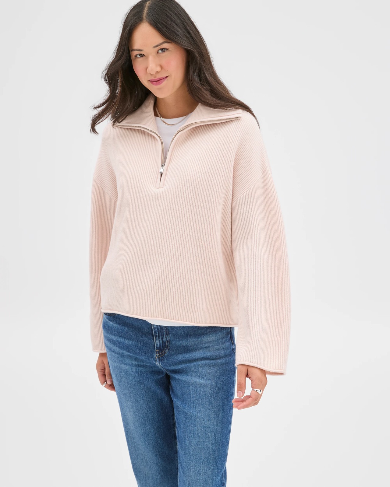 Australian Cotton Blend Zip Collar Sweater - Mauve Pink 3 of 5