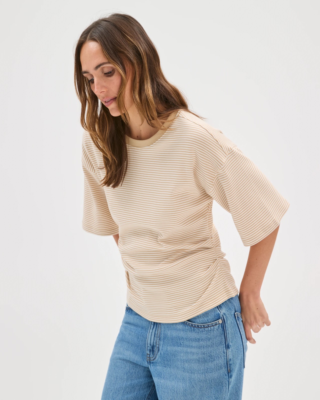 Australian Cotton Gathered Waist T-Shirt - Macchiato Pearl Stripe 5 of 5