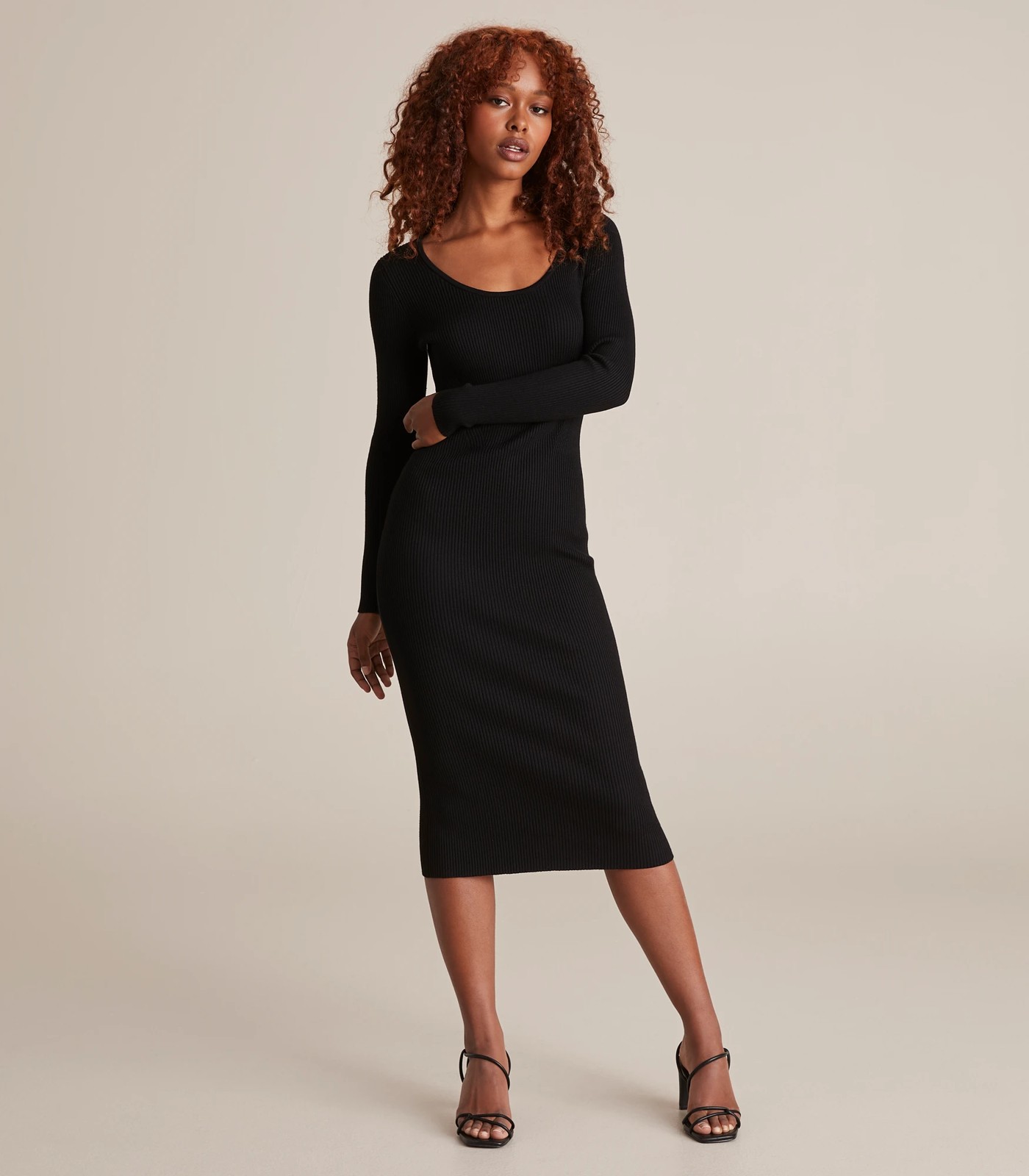 Black Ribbed Long Sleeve Midi Bodycon Dress