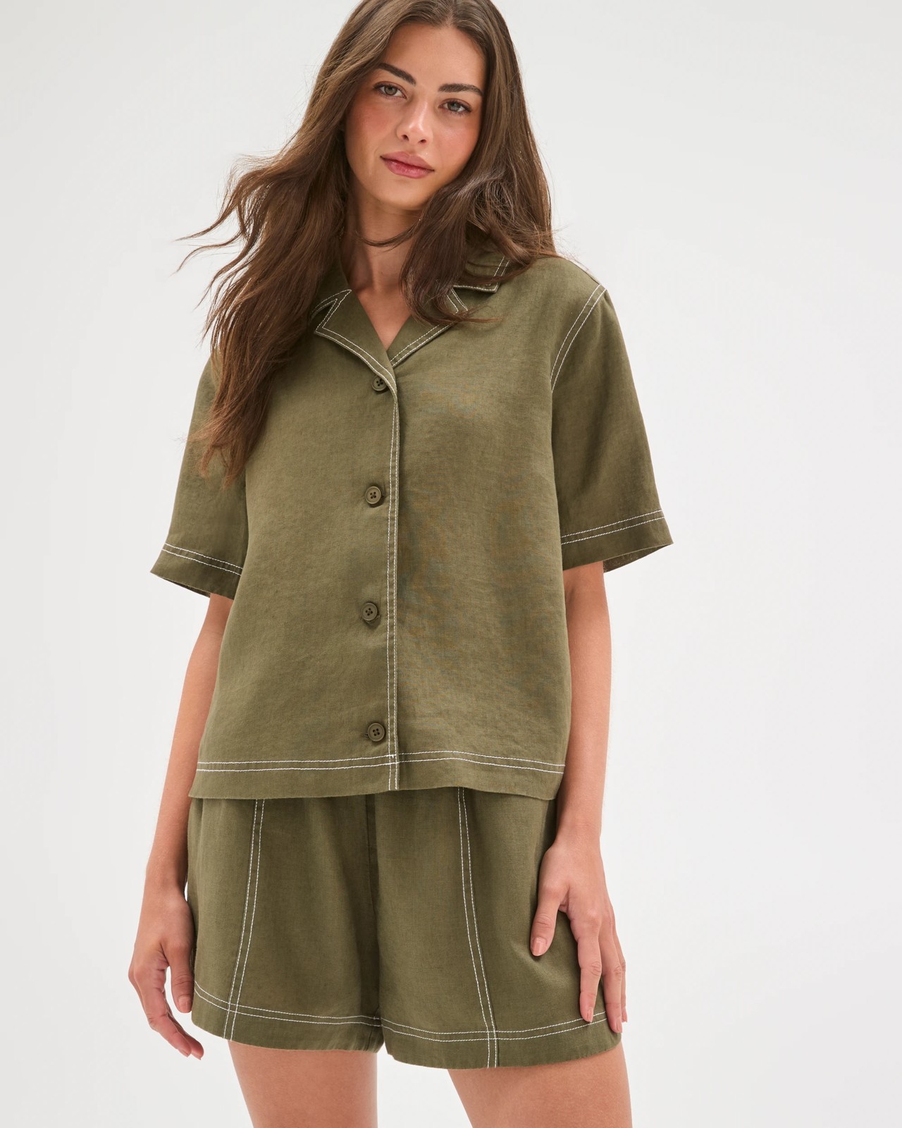 Petites European Linen Contrast Stitch Shorts 2 of 5