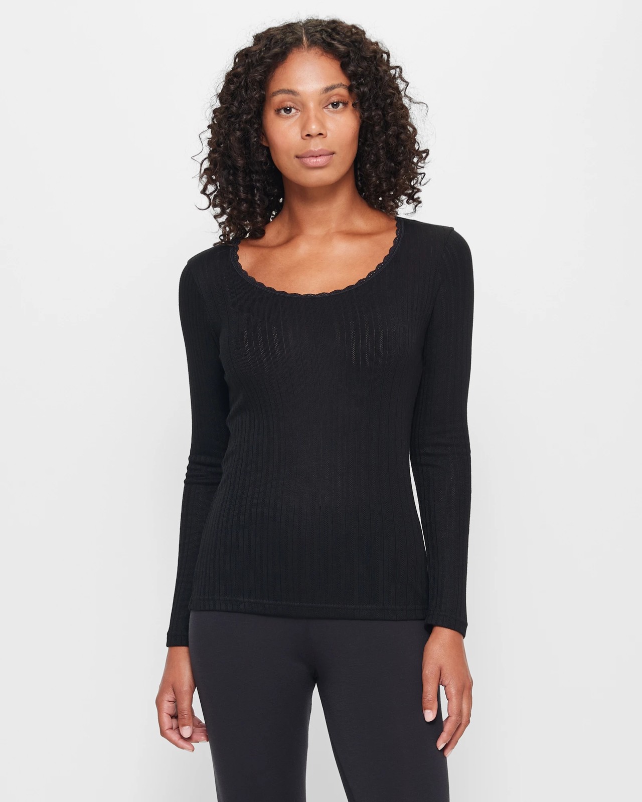 Thermal Pointelle Brushed Long Sleeve Top - Black