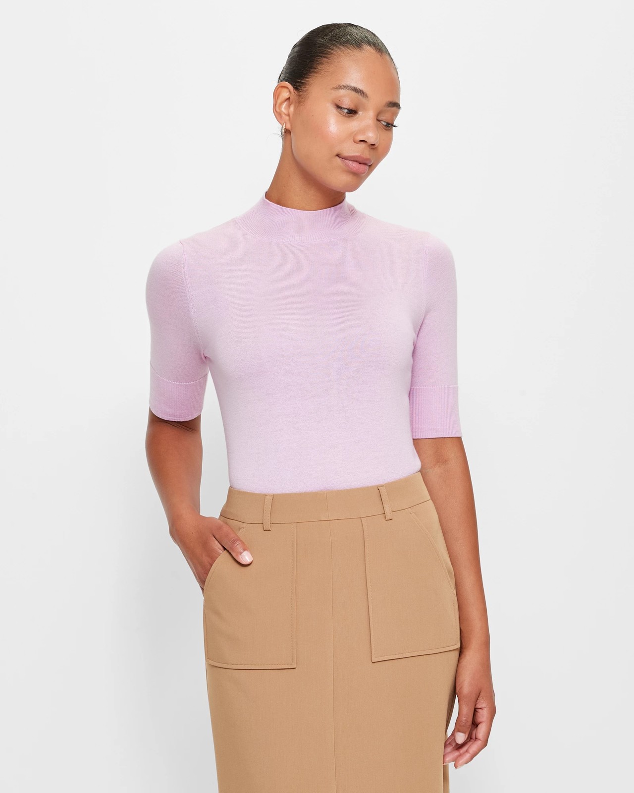 Rib-knit Mock Turtleneck Sweater - Light pink - Ladies