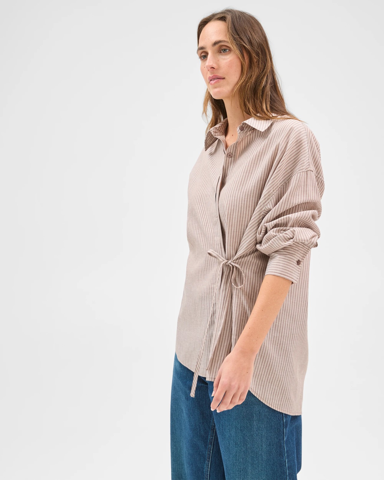Long Sleeve Tie Voile Shirt - Brunette Stripe 4 of 6