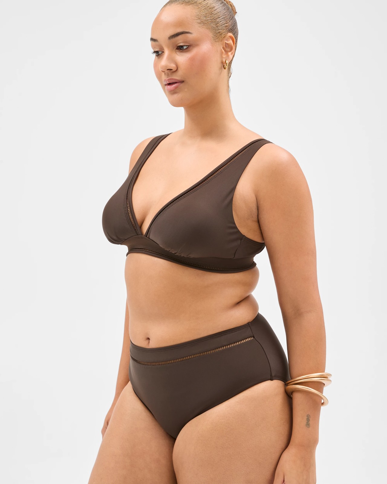 Shape Your Body Resort Ladder Trim High Waisted Matte Micro Swim Bikini Bottoms - Cocoa 5 of 5