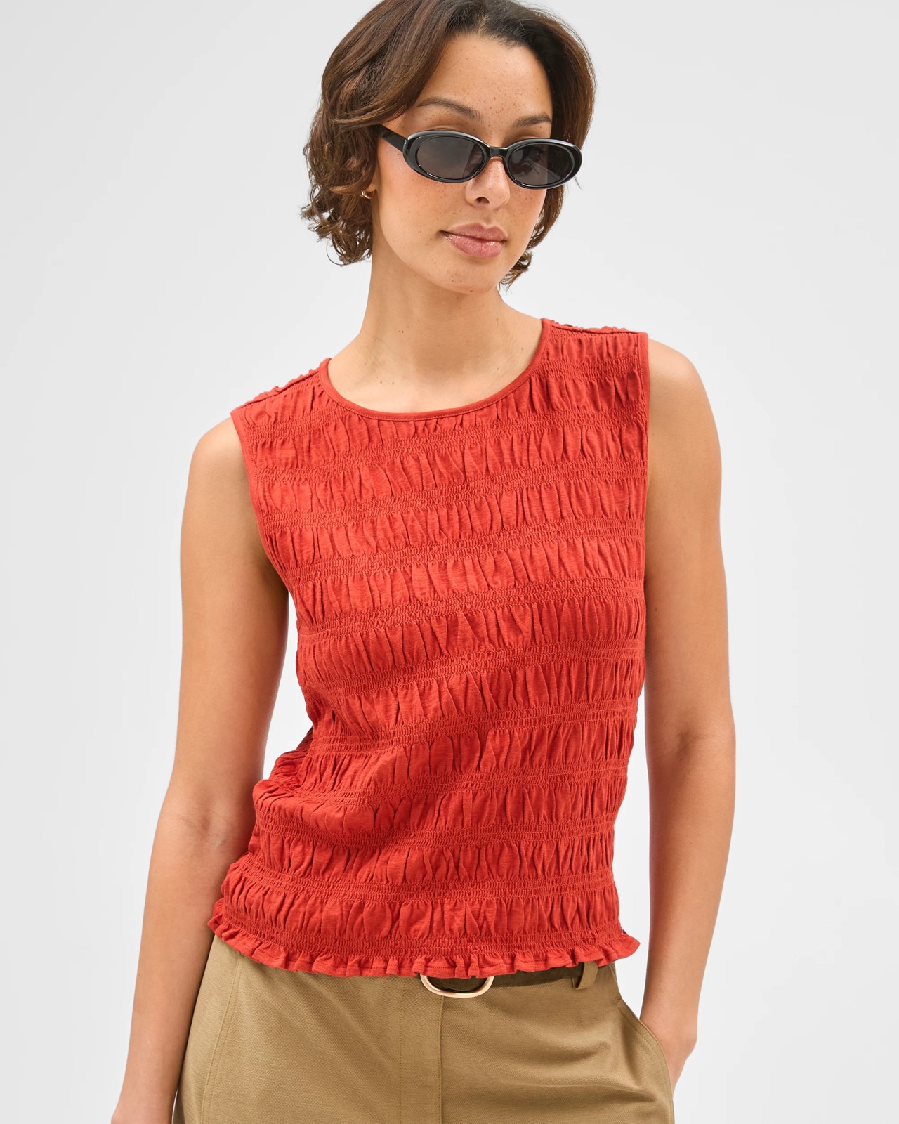 Australian Cotton Sleeveless Shirred Tank Top - Warm Terracotta 4 of 6
