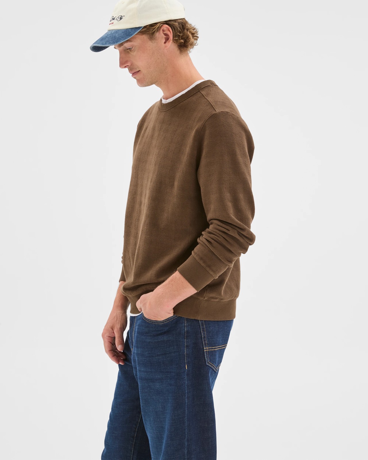 Australian Cotton Herringbone Long Sleeve Crew Neck Fleece Top - Chocolate 2 of 6