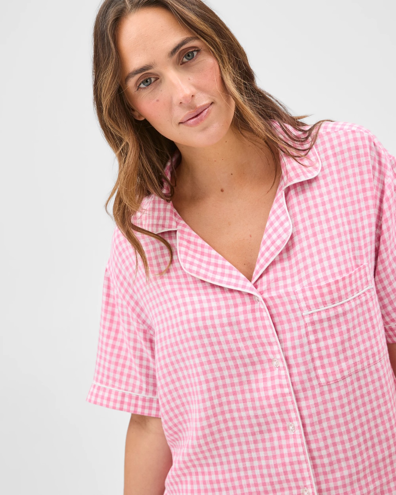 Linen Blend Short Pyjama Set - Pink Gingham 3 of 5