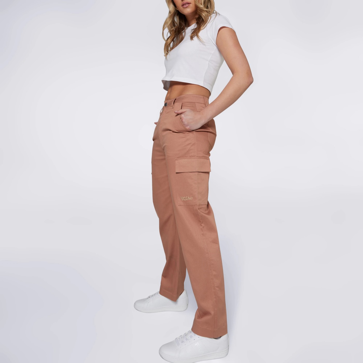 Luna High Waist Cargo Trousers in Beige