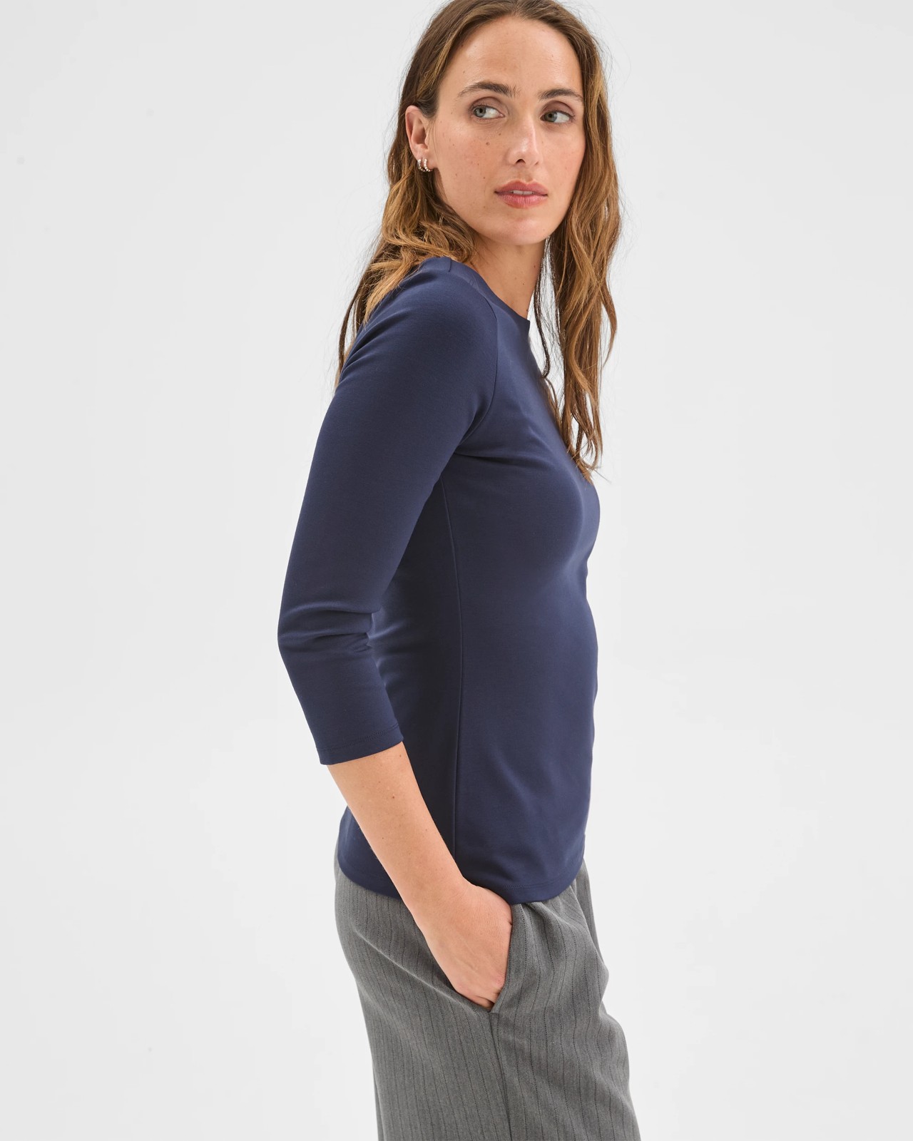 Preview 3/4 Sleeve Boat Neck Ponte T-Shirt - Navy 4 of 5