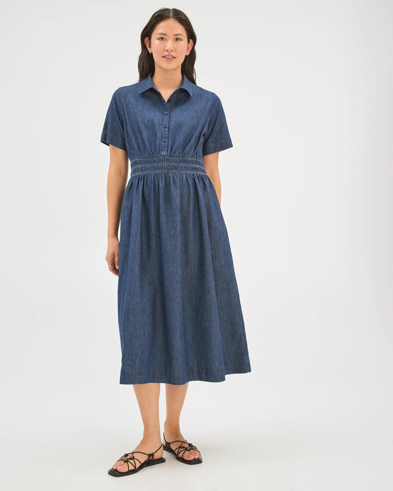Cotton Shirred Midi Chambray Dress 5 of 6
