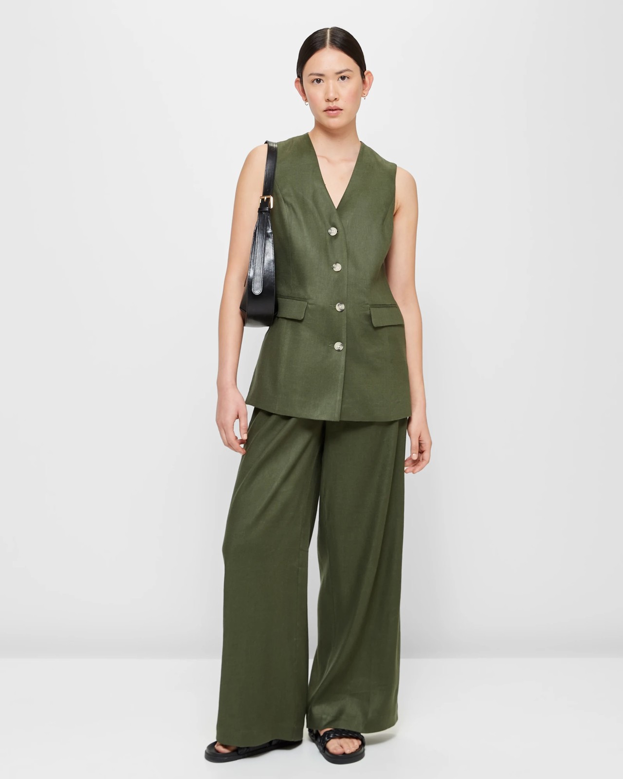 Button Front Linen Blend Vest & Pants Set