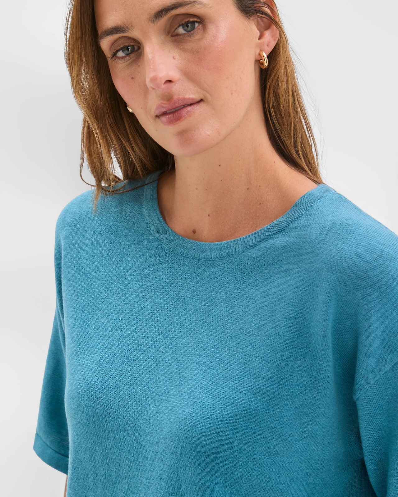 Australian Cotton Blend Drop Shoulder Boxy Knit T-Shirt - Soft Ocean 5 of 6