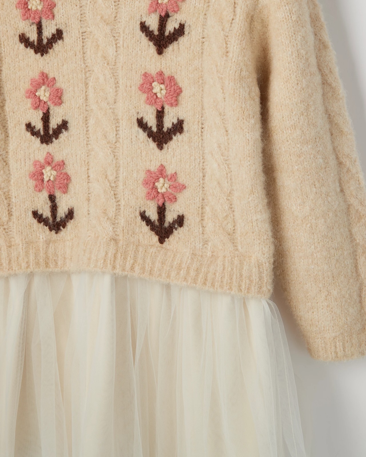 Long Sleeve Knit Sweater Tulle Embroidered Dress - Gardenia Cream 5 of 6