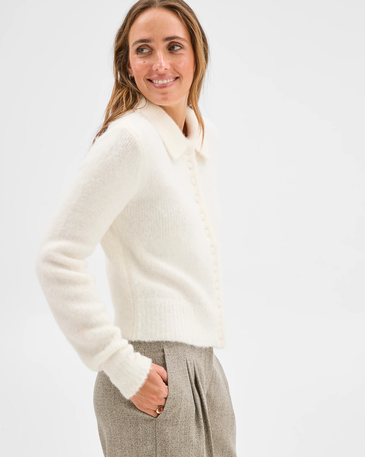 Preview Plush Button Through Collared Cardigan - Cloud Dancer 4 of 6
