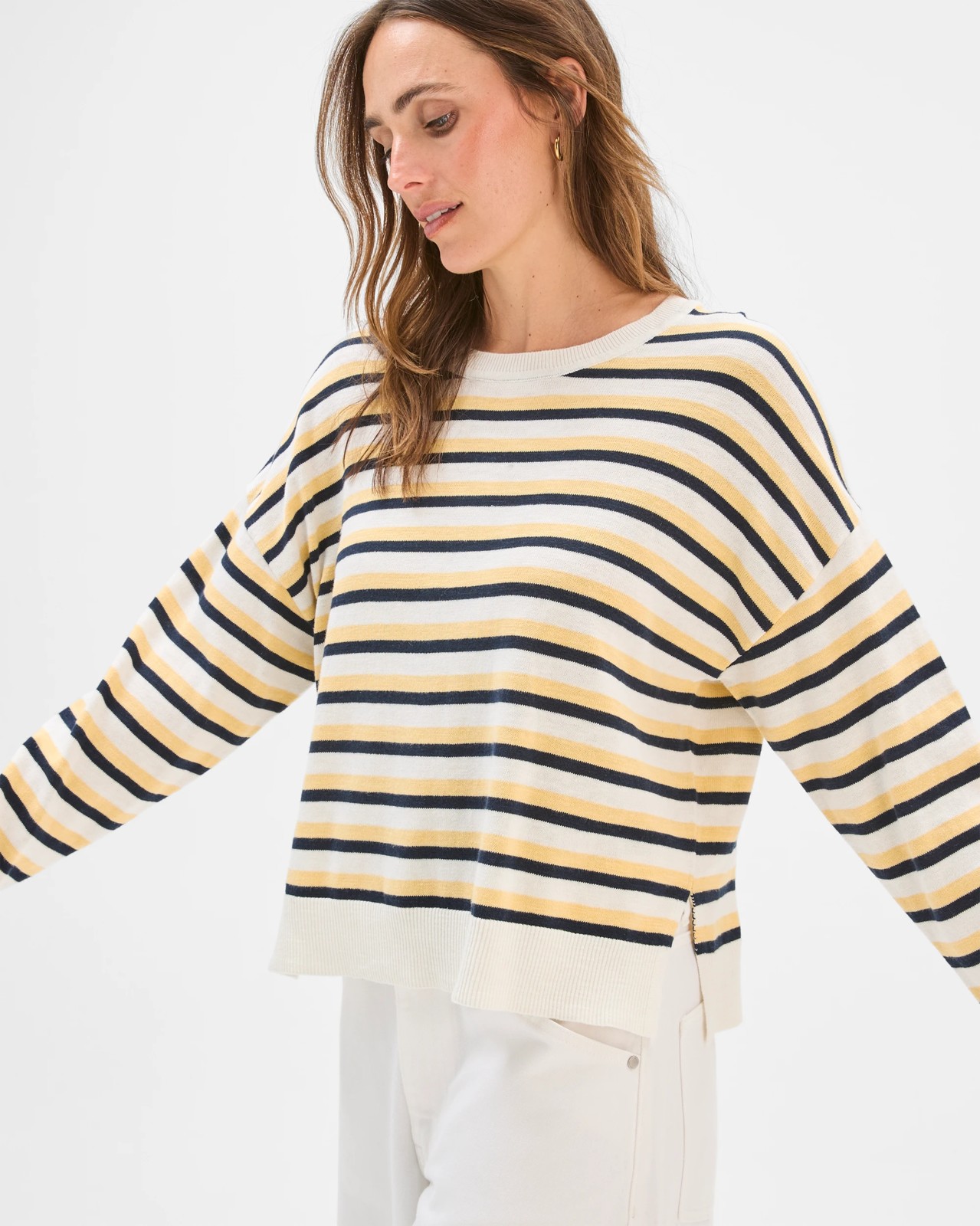 Australian Cotton Blend Long Sleeve Knit Jumper - Ink/Cloud/Lemon 4 of 5