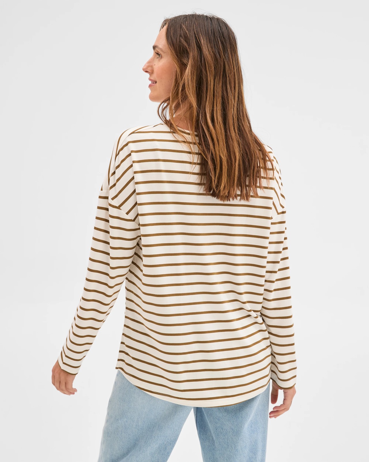 Long Sleeve Drop Shoulder Curved Hem Top - Cream/Olive 6 of 6