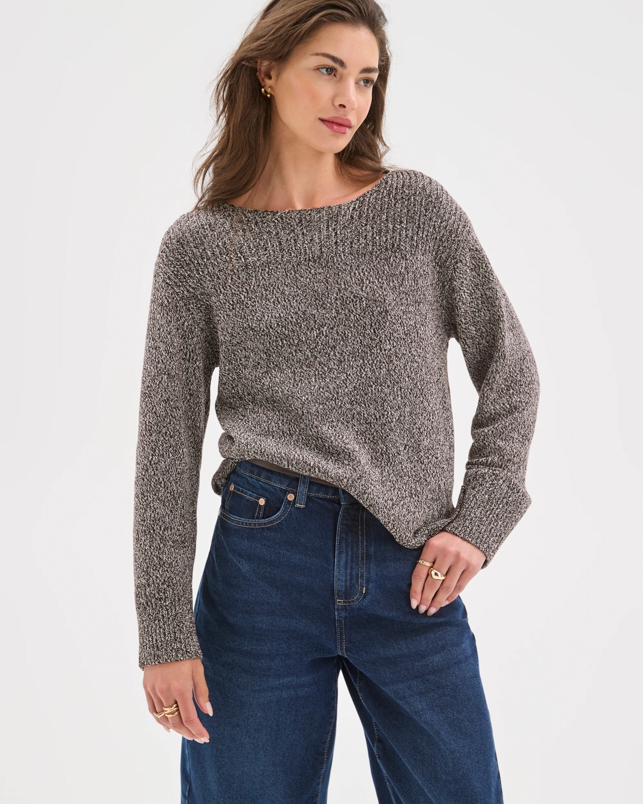 Petites Australian Cotton Blend Rib Trim Ottoman Boat Neck Jumper - Chocolate Plum Twist 4 of 5