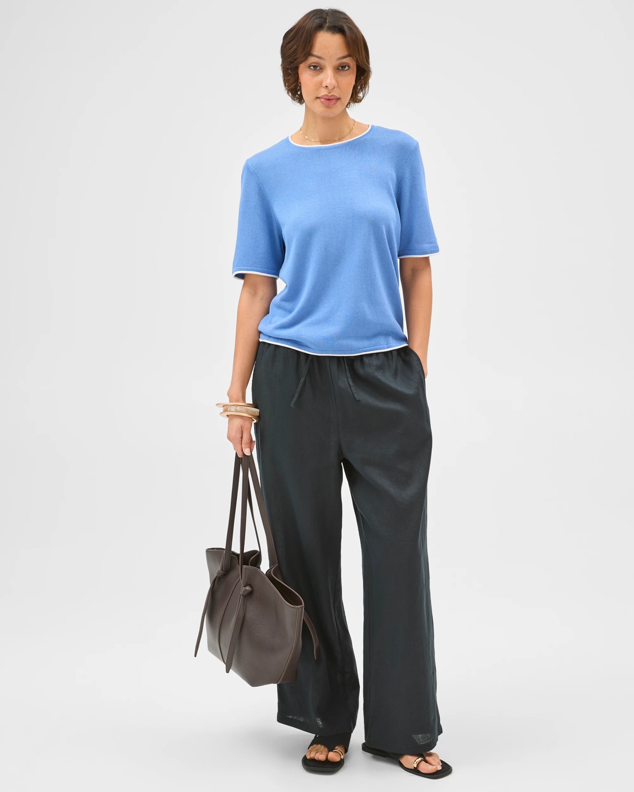 Contrast Trim Knit T-Shirt - Blue + White 2 of 5