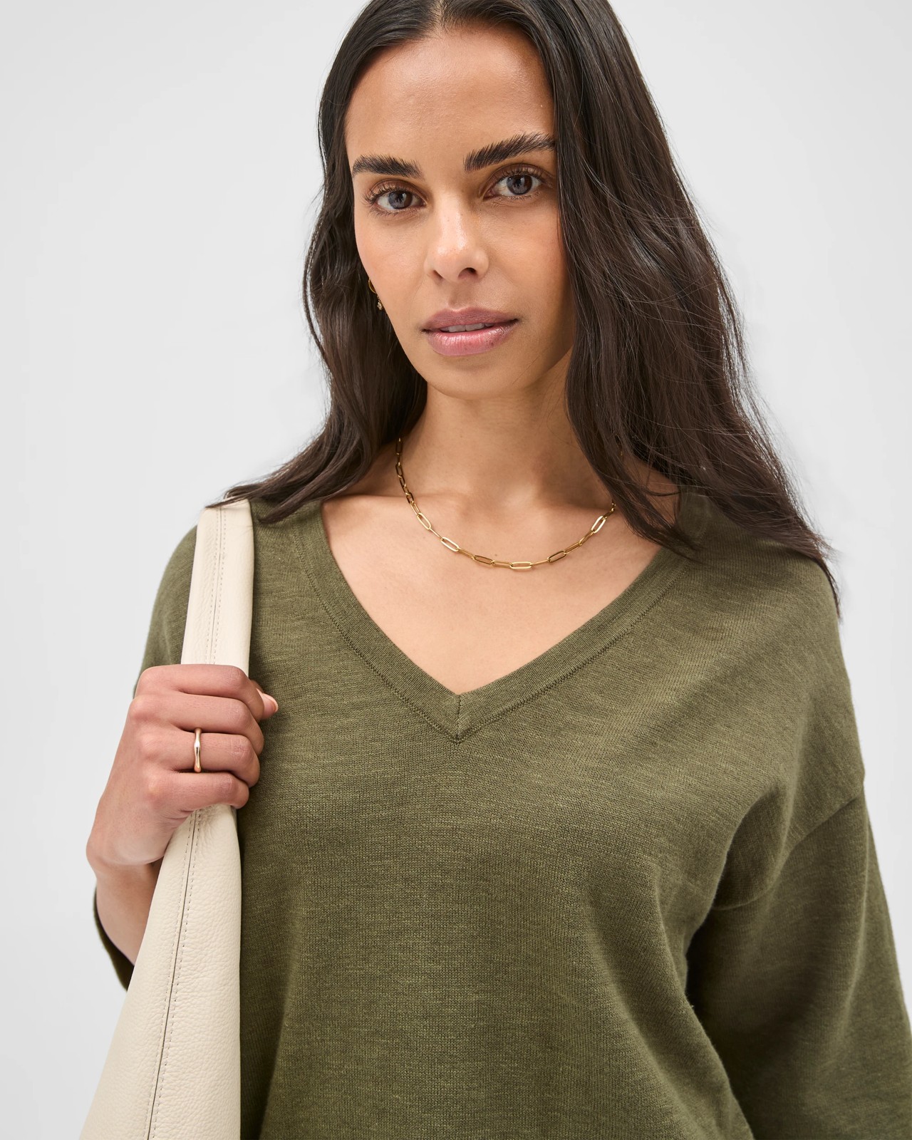Australian Cotton Blend Boxy V-Neck Knitted T-Shirt - Deep Moss 5 of 6