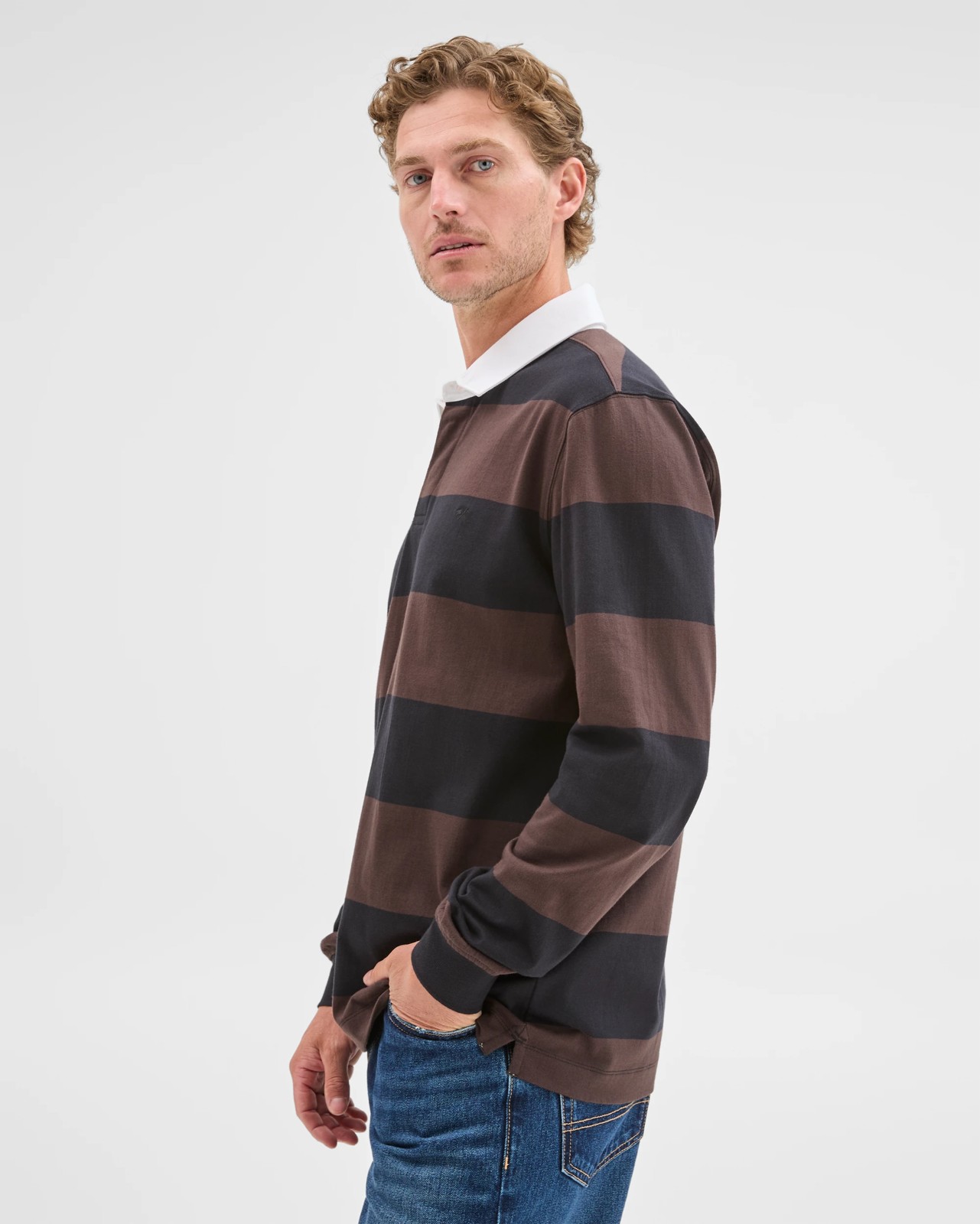 Australian Cotton Long Sleeve Rugby Polo Top - Chocolate Stripe 3 of 5