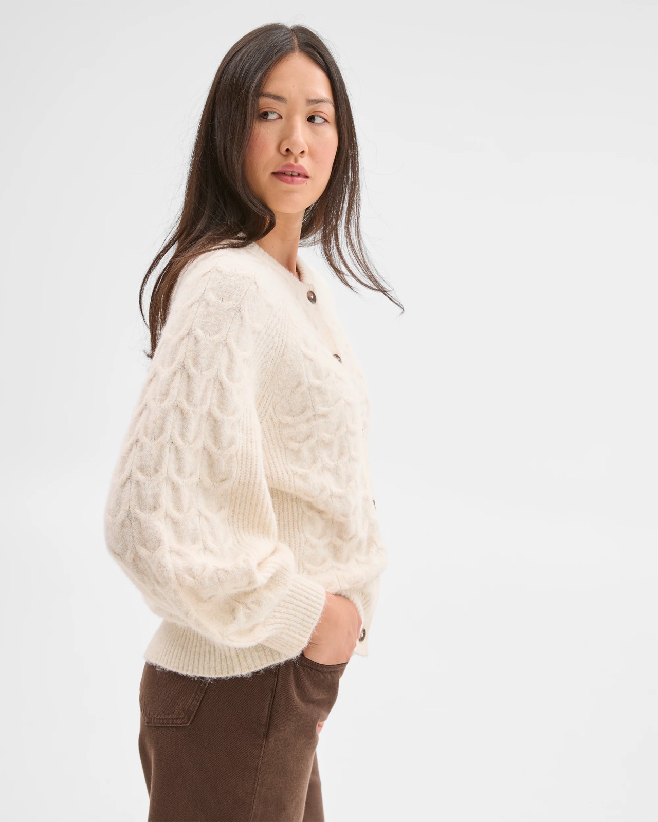 Cable Knit Bell Sleeve Cardigan - Cookies and Cream 5 of 5